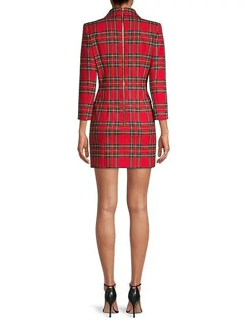 Double-Breasted Red Tartan Blazer-Dress - Dresses