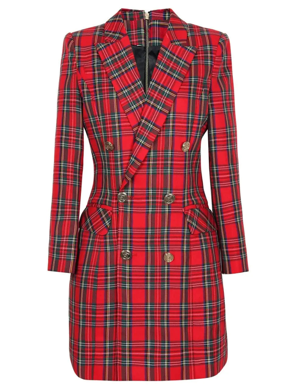 Double-Breasted Red Tartan Blazer-Dress - Dresses