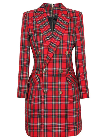 Double-Breasted Red Tartan Blazer-Dress - Dresses