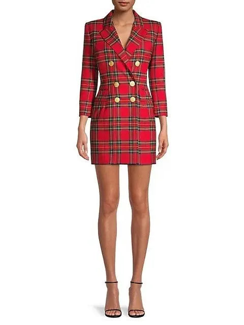 Double-Breasted Red Tartan Blazer-Dress - Dresses