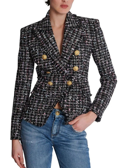 Double-Breasted Tweed Blazer with Gold Buttons - Jackets