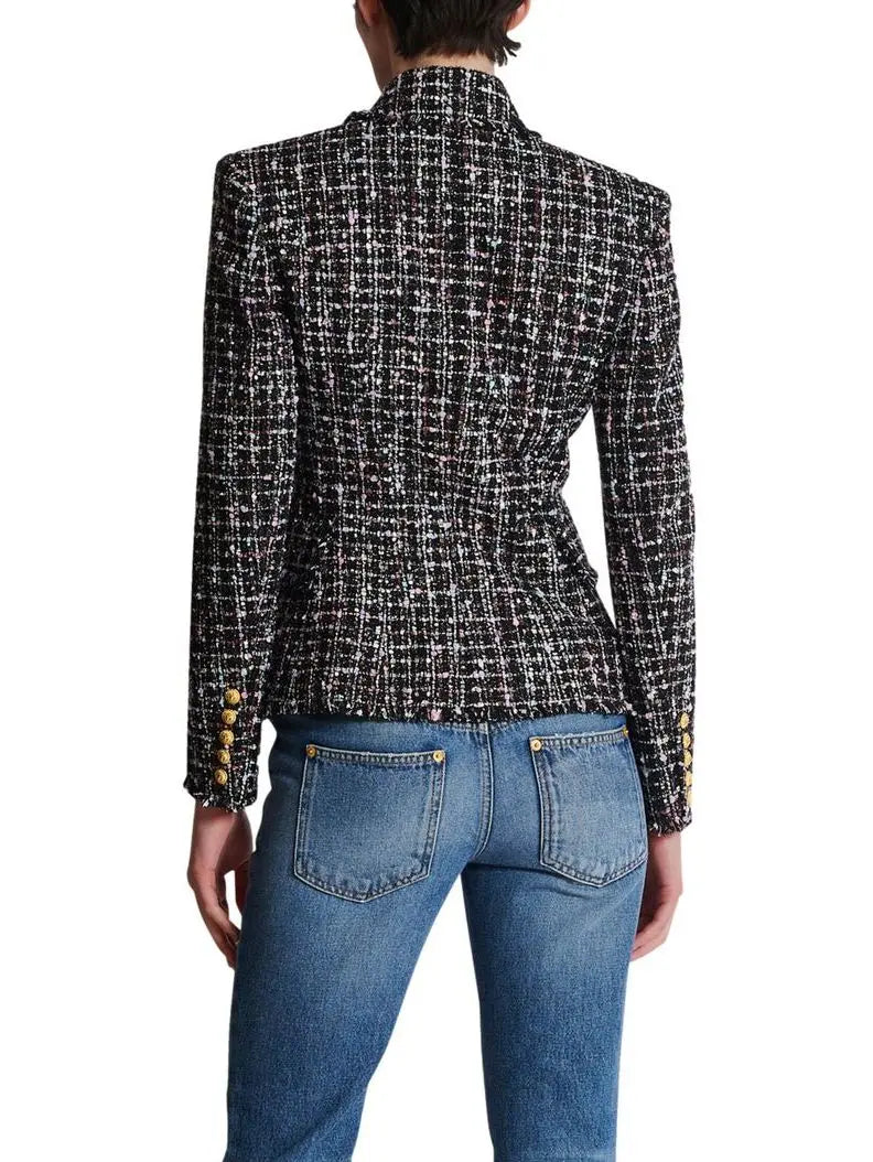 Double-Breasted Tweed Blazer with Gold Buttons - Jackets