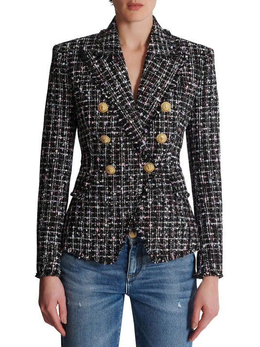 Double-Breasted Tweed Blazer with Gold Buttons - Jackets