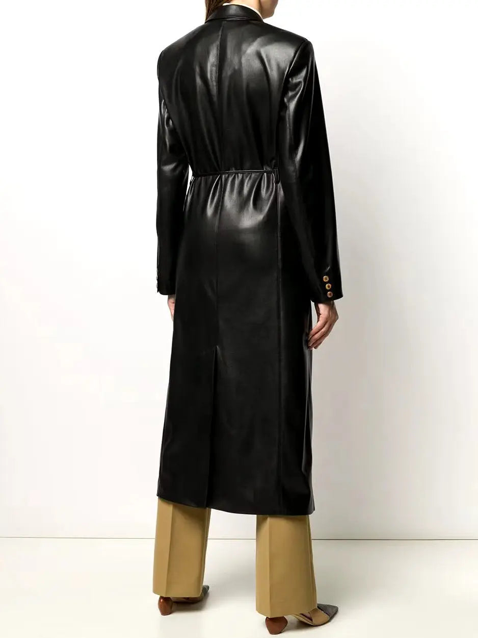 Double-Breasted Vegan Leather Coat with Tie-Waist in Black - Coats