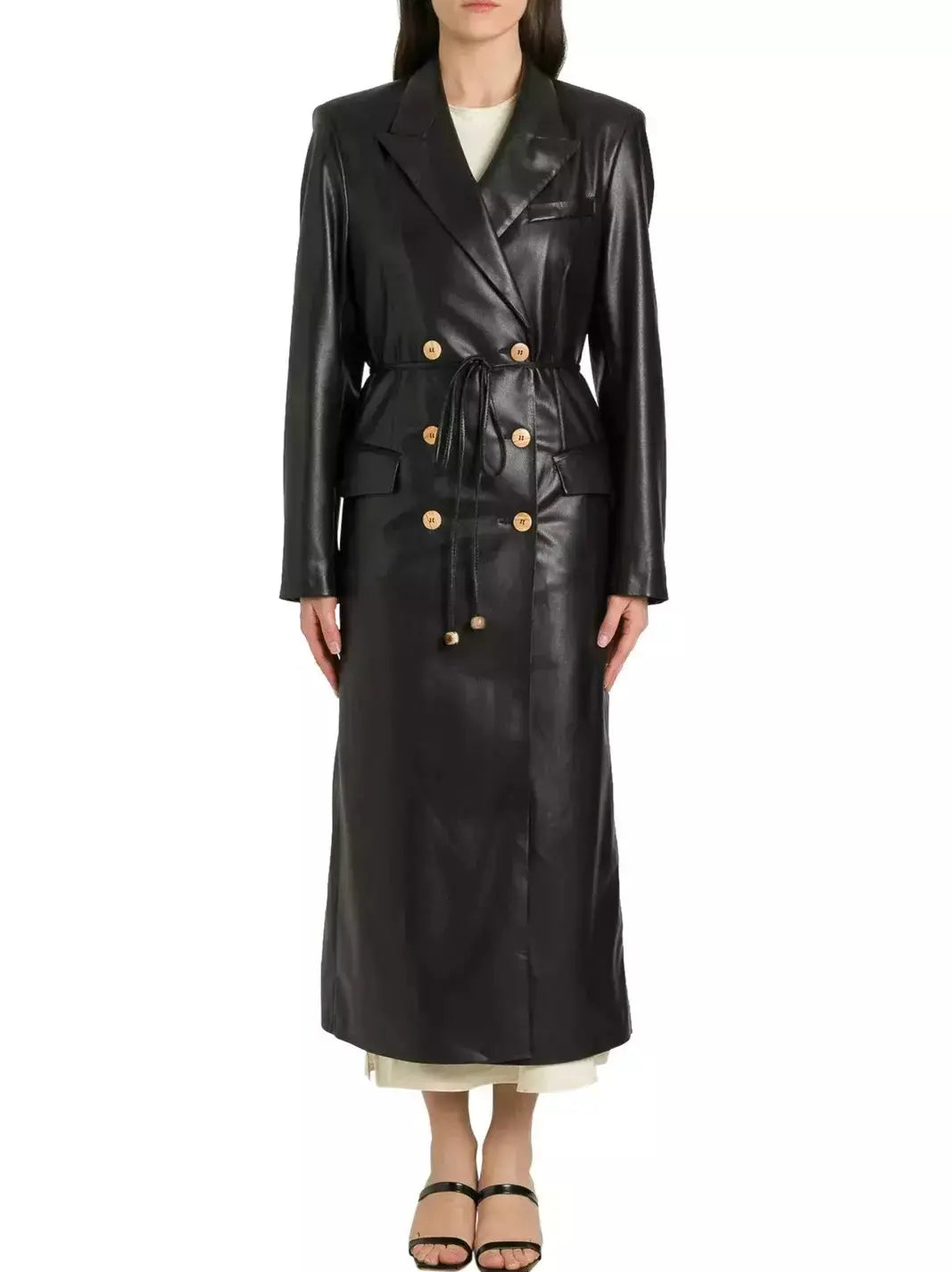 Double-Breasted Vegan Leather Coat with Tie-Waist in Black - Coats