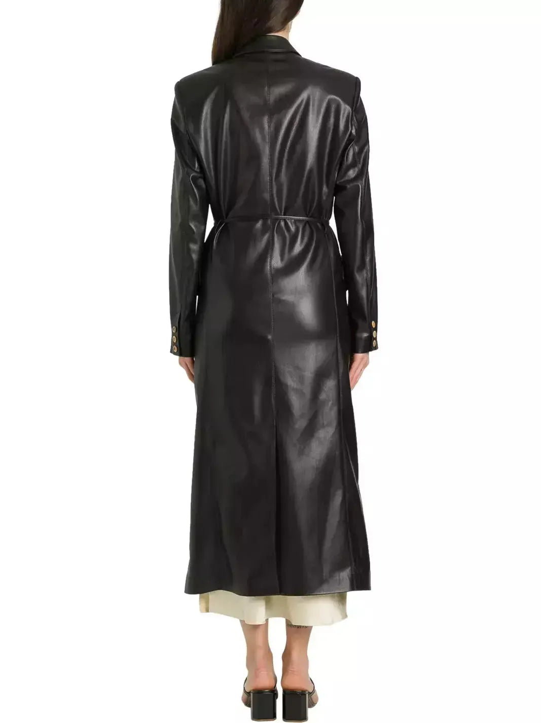 Double-Breasted Vegan Leather Coat with Tie-Waist in Black - Coats