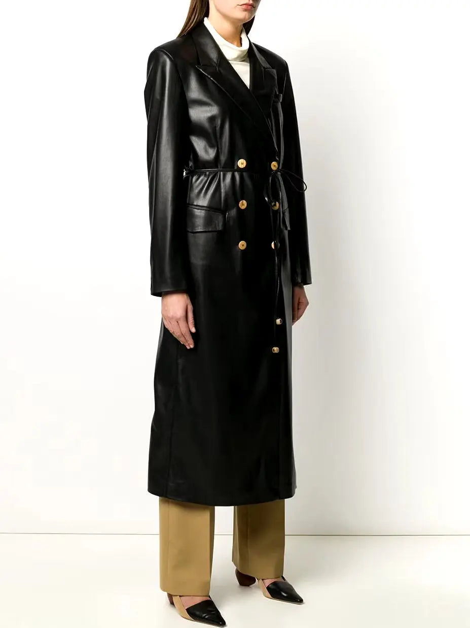 Double-Breasted Vegan Leather Coat with Tie-Waist in Black - Coats