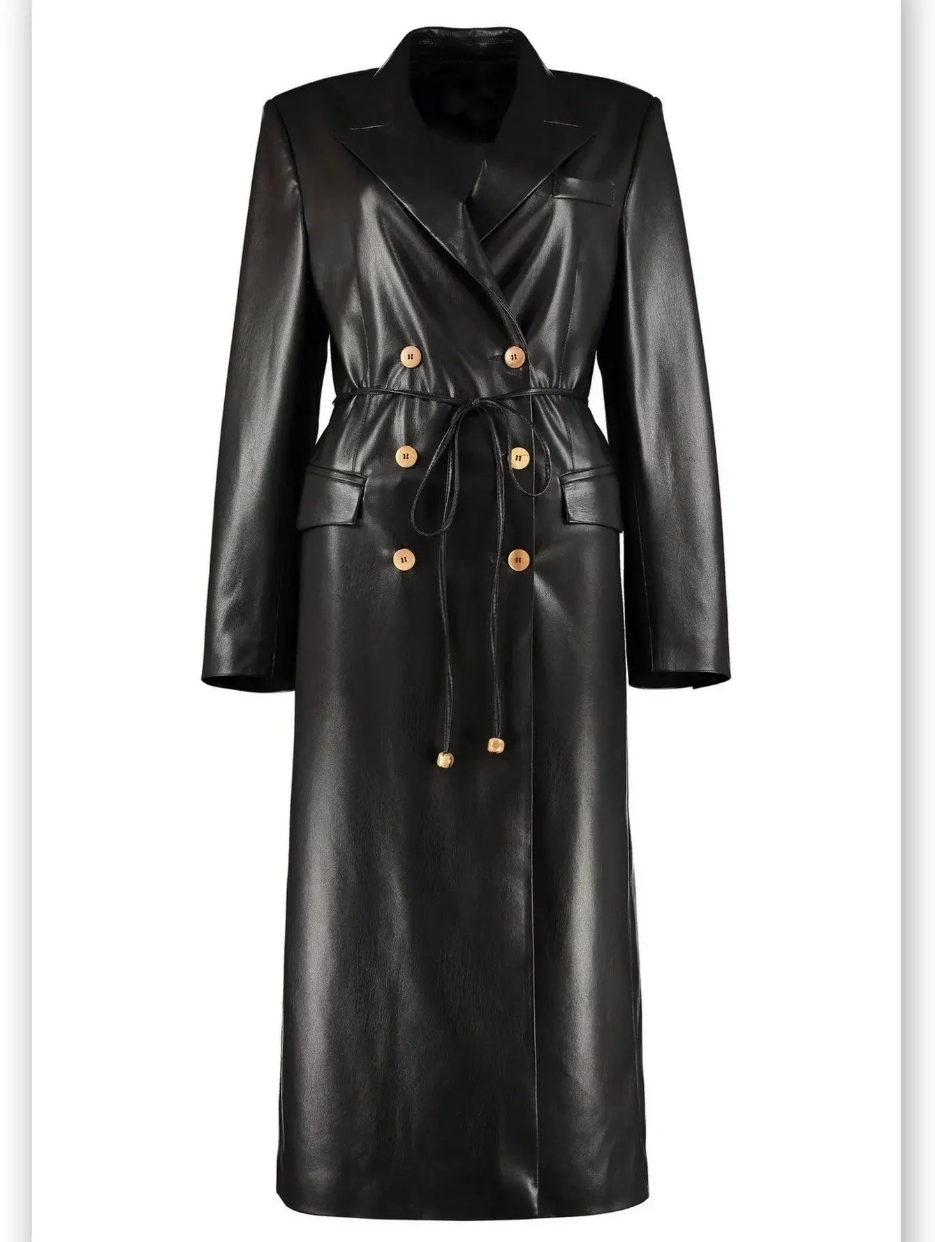 Double-Breasted Vegan Leather Coat with Tie-Waist in Black - Coats