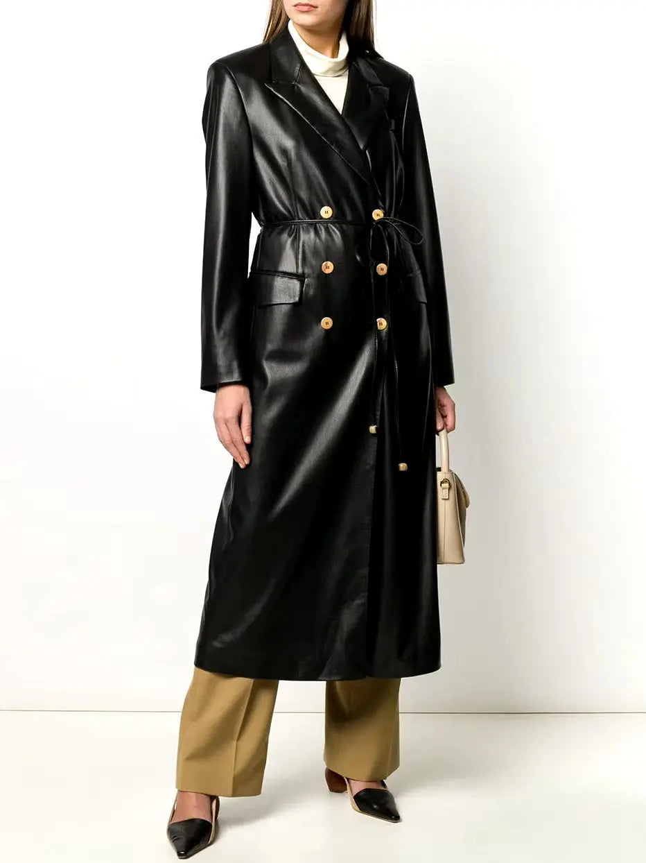 Double-Breasted Vegan Leather Coat with Tie-Waist in Black - Coats