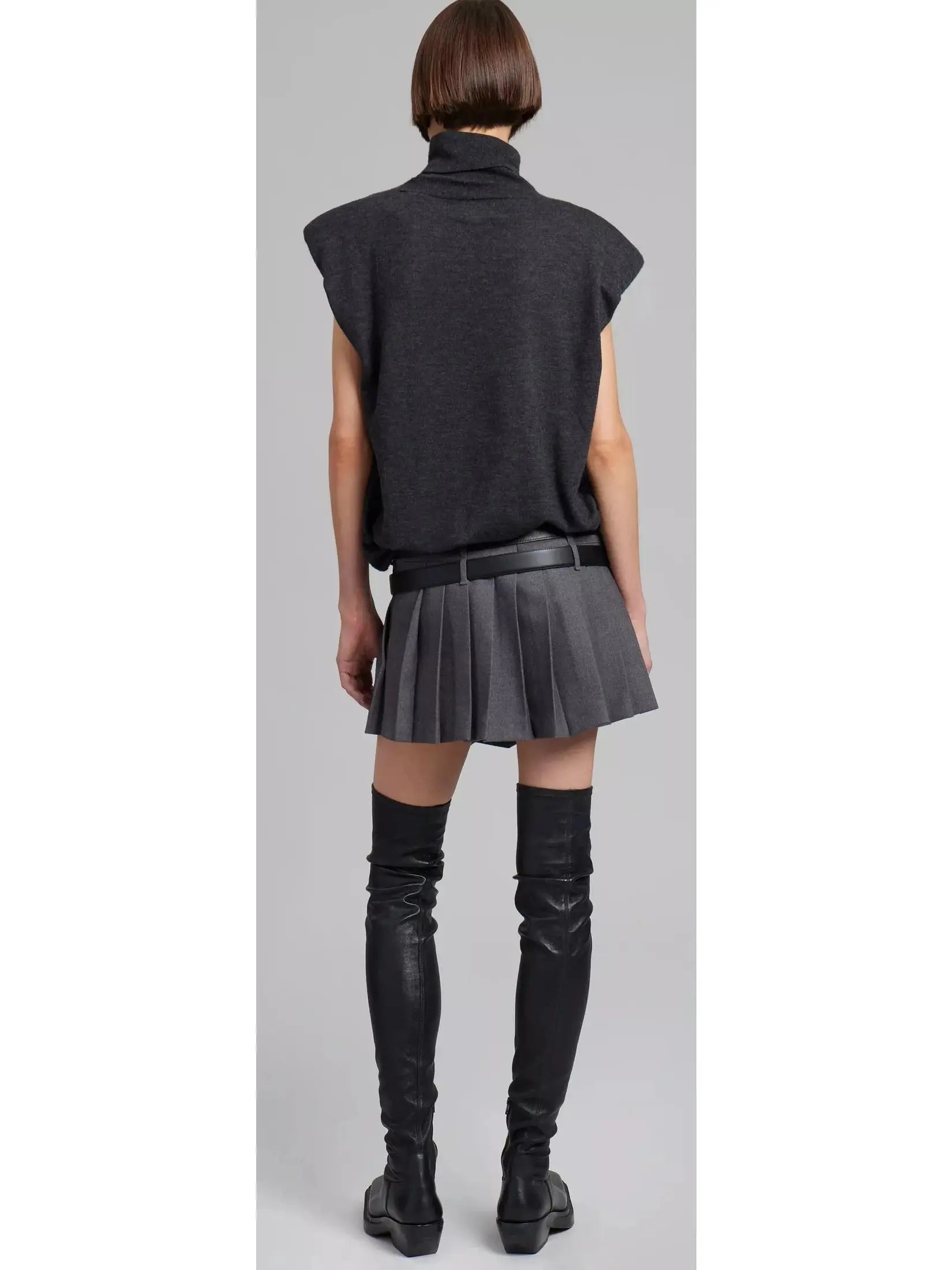 Double-Buckled Belted Pleated Gray Mini Skirt - Skirts