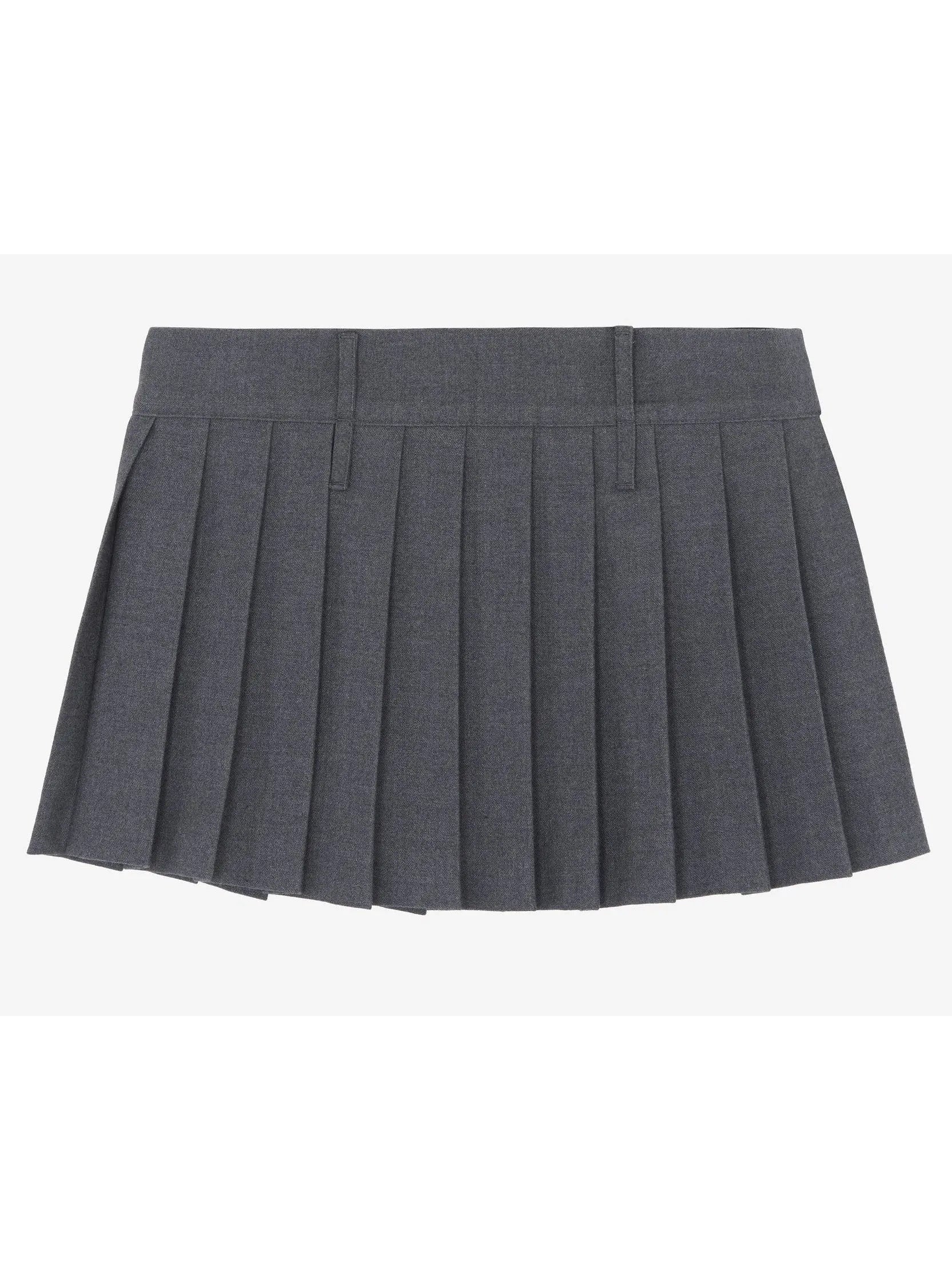 Double-Buckled Belted Pleated Gray Mini Skirt - Skirts