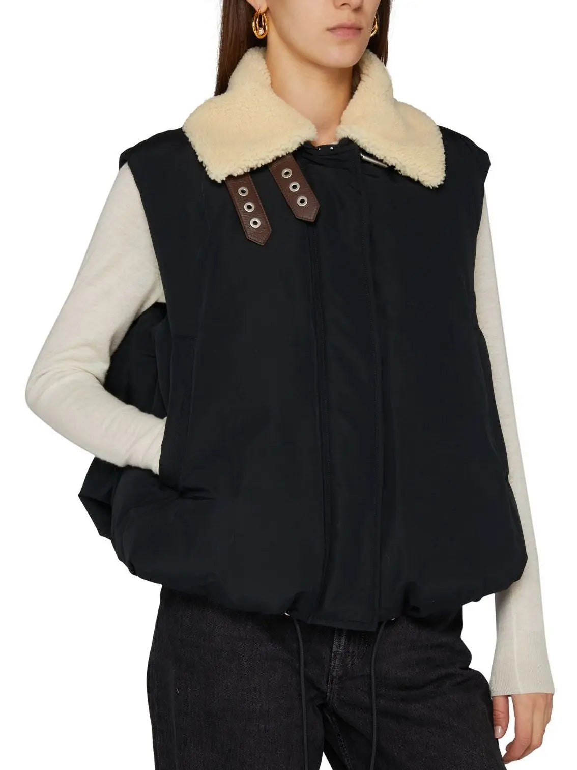 Double Leather-Buckled Shearling-Trim Cotton Padded Black Vest - Jackets