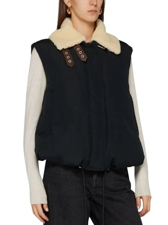 Double Leather-Buckled Shearling-Trim Cotton Padded Black Vest - Jackets