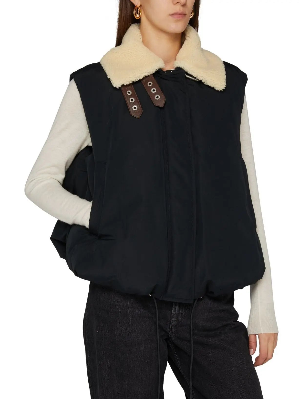 Double Leather-Buckled Shearling-Trim Cotton Padded Black Vest - Jackets