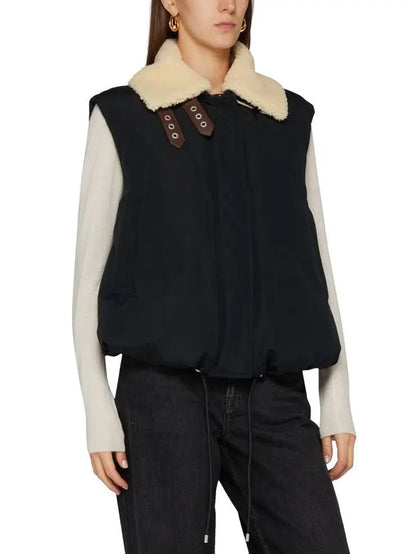 Double Leather-Buckled Shearling-Trim Cotton Padded Black Vest - Jackets