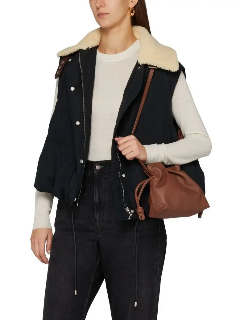 Double Leather-Buckled Shearling-Trim Cotton Padded Black Vest - Jackets