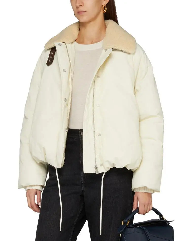 Double Leather-Buckled Shearling-Trim Cotton Padded Cream Jacket - Jackets