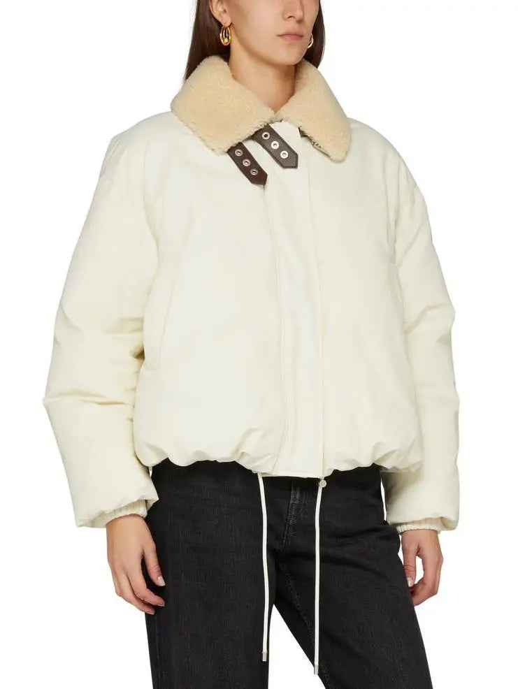 Double Leather-Buckled Shearling-Trim Cotton Padded Cream Jacket - Jackets