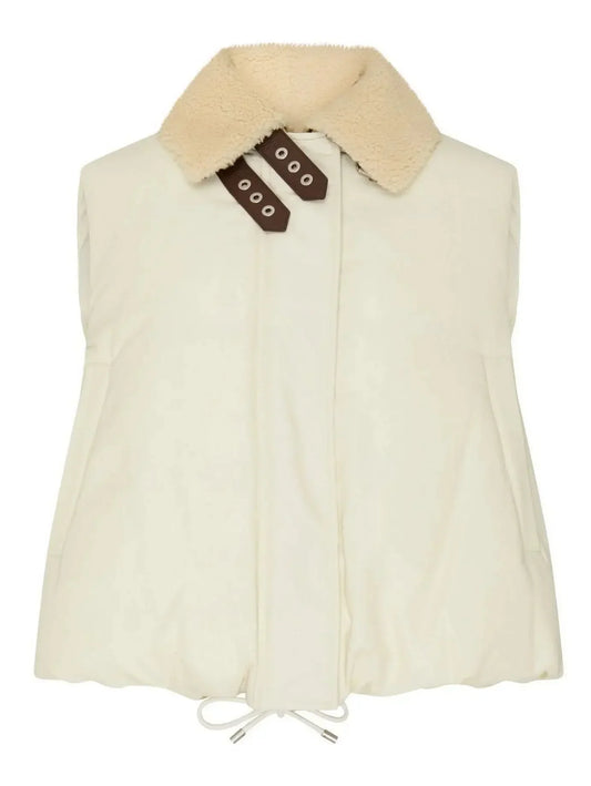 Double Leather-Buckled Shearling-Trim Cotton Padded Cream Vest - Jackets
