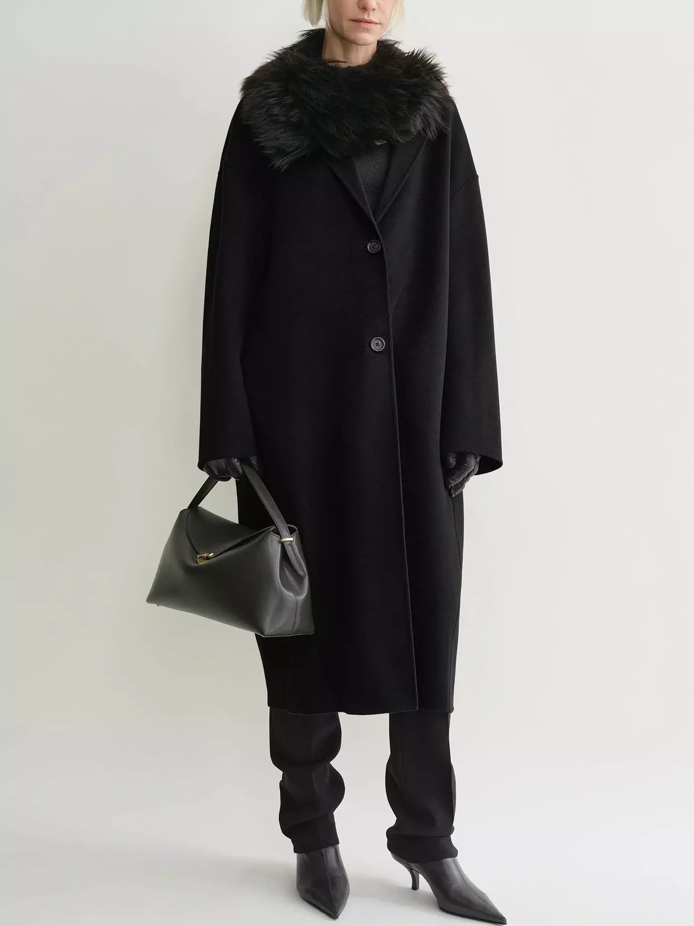 Double-Sided Long Oversize Wool Coat in Black - Coats