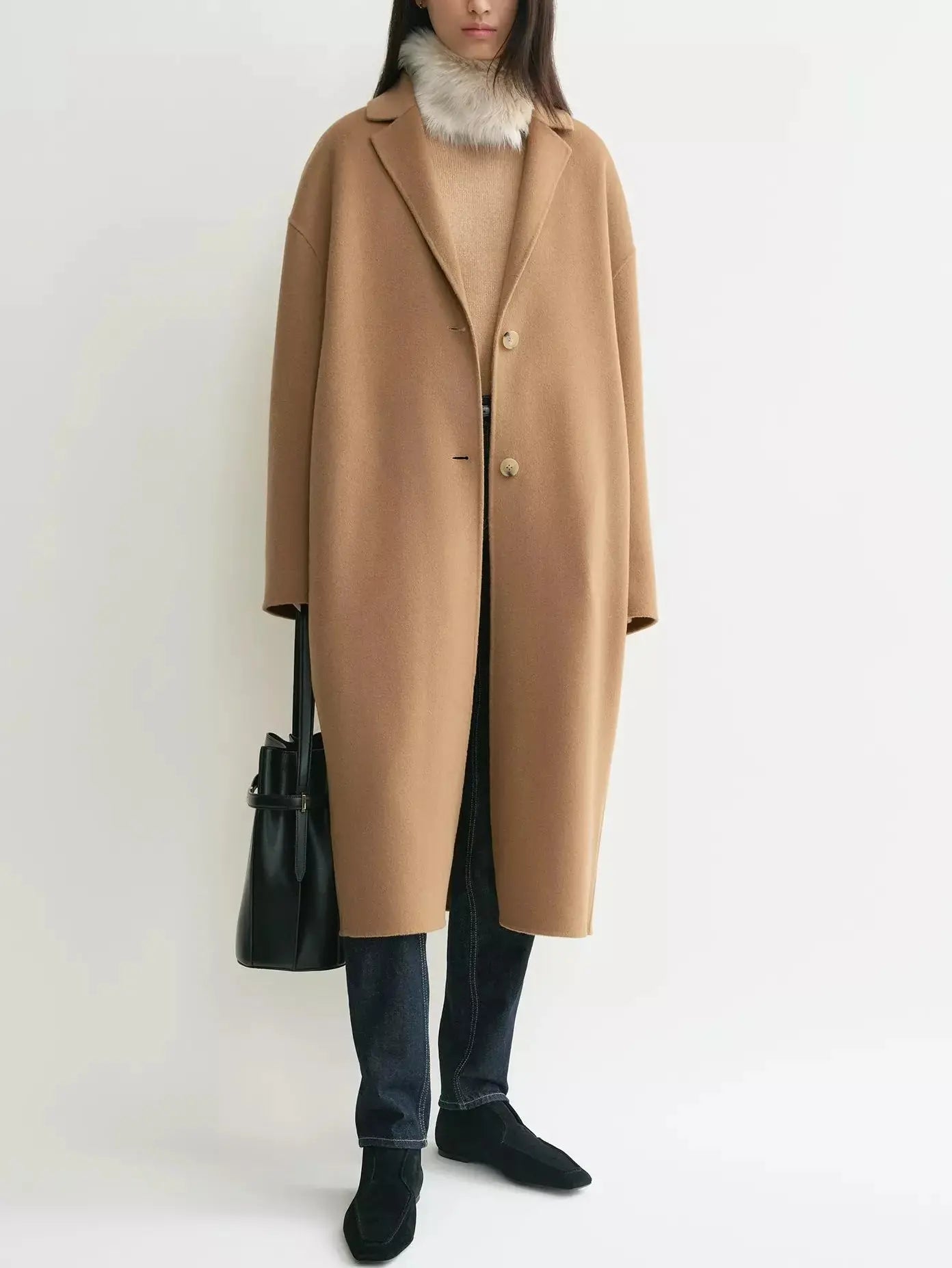 Double-Sided Long Oversize Wool Coat in Camel - Coats