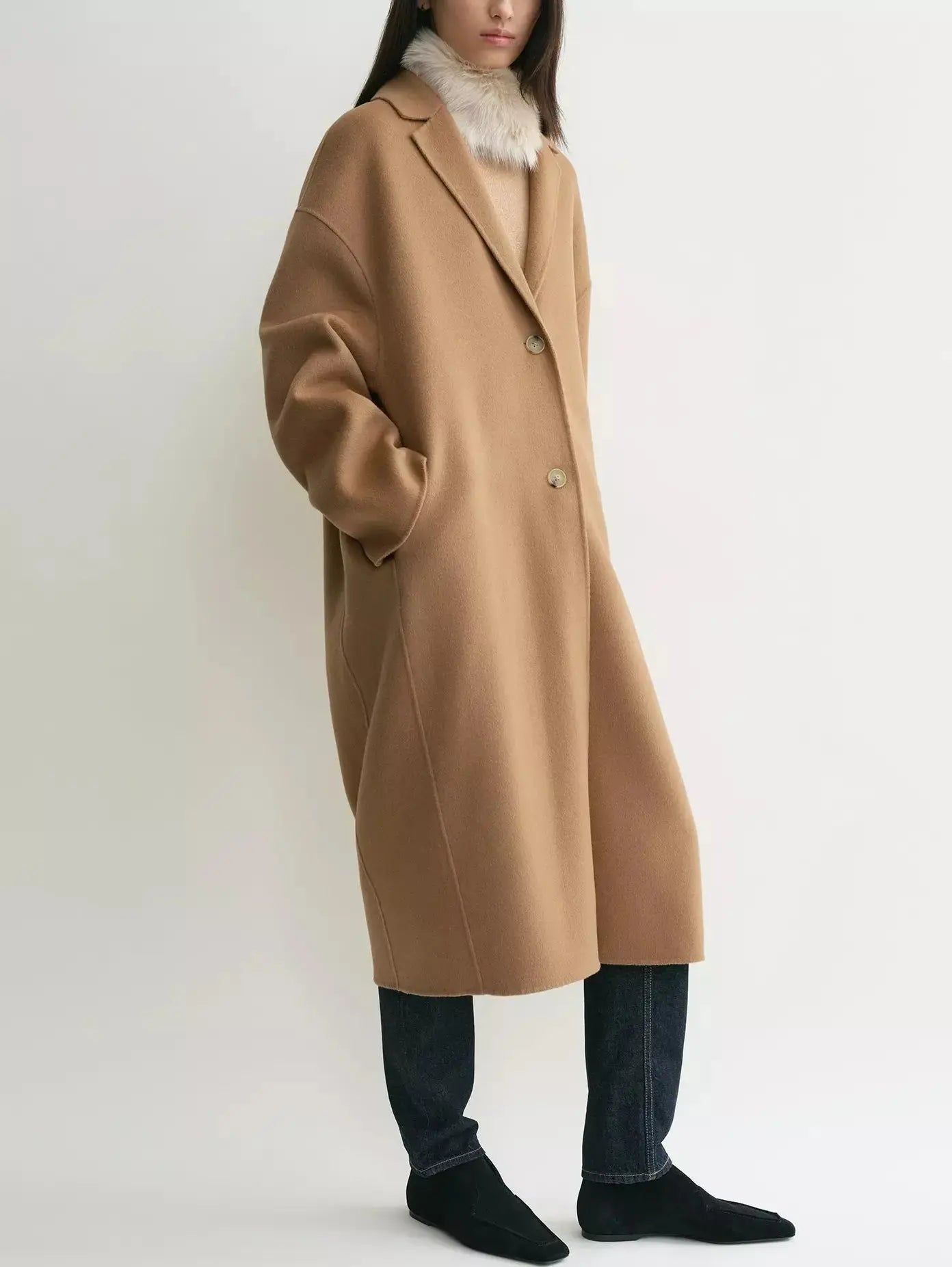 Double-Sided Long Oversize Wool Coat in Camel - Coats