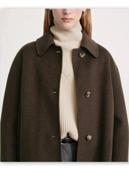 Double-Sided Single Breasted Wool Cashmere Car Coat in Dark Brown - Coats