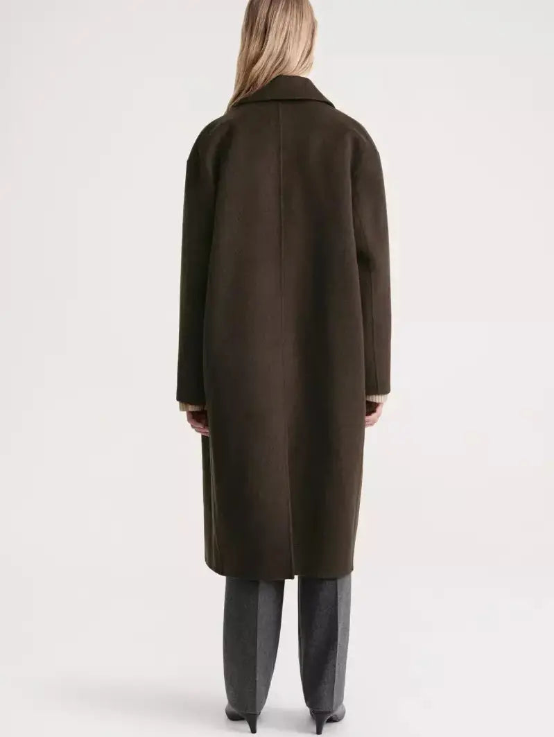 Double-Sided Single Breasted Wool Cashmere Car Coat in Dark Brown - Coats