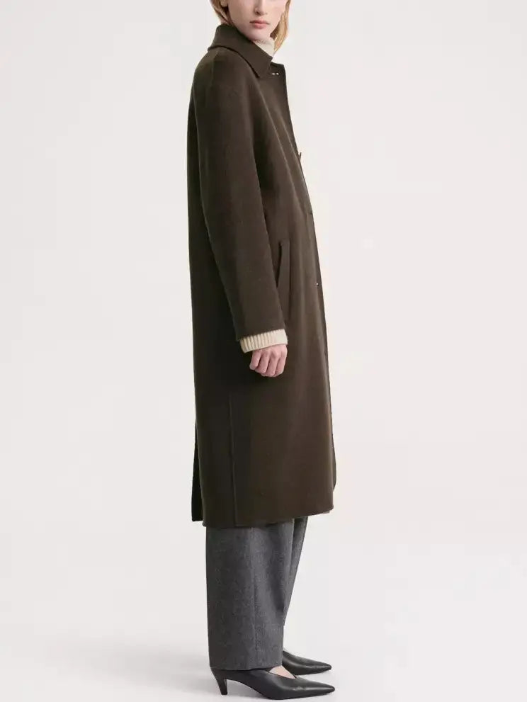 Double-Sided Single Breasted Wool Cashmere Car Coat in Dark Brown - Coats