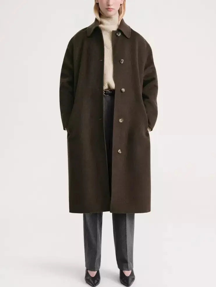 Double-Sided Single Breasted Wool Cashmere Car Coat in Dark Brown - Coats