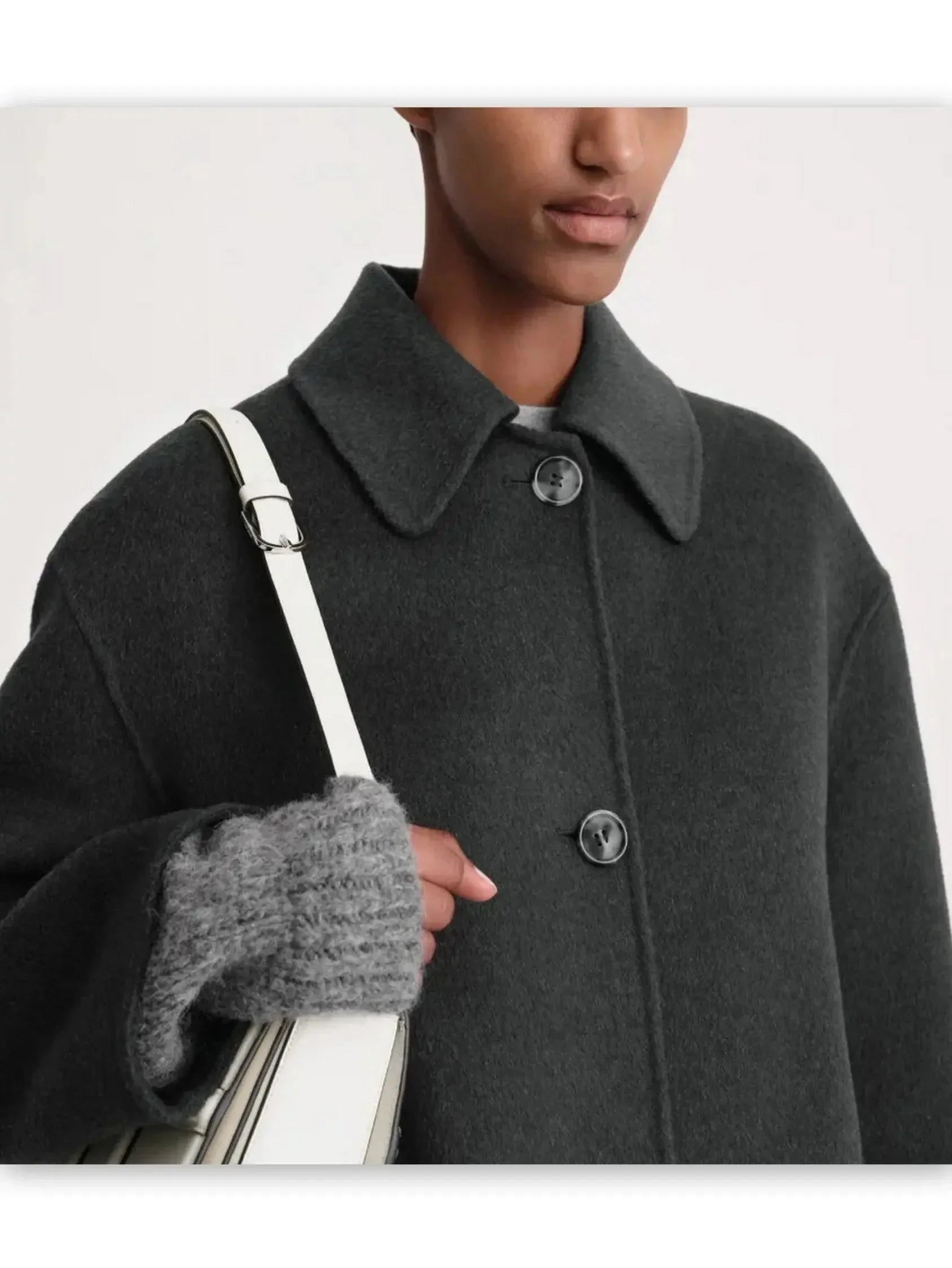 Double-Sided Single Breasted Wool Cashmere Car Coat in Dark Grey - Coats