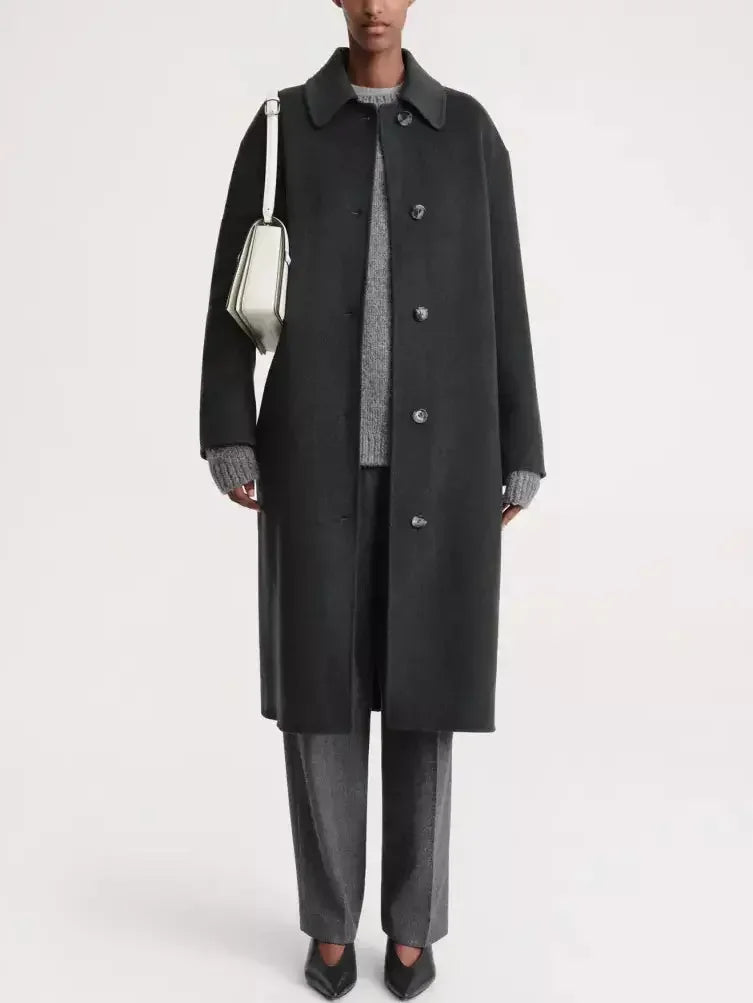 Double-Sided Single Breasted Wool Cashmere Car Coat in Dark Grey - Coats