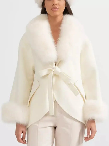 Double-Sided Wool Cashmere Jacket with Oversized Fur Collar - Jackets