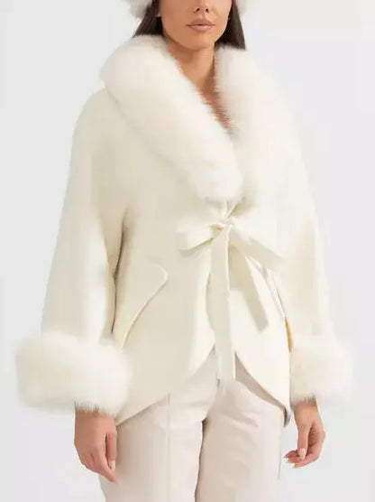 Double-Sided Wool Cashmere Jacket with Oversized Fur Collar - Jackets