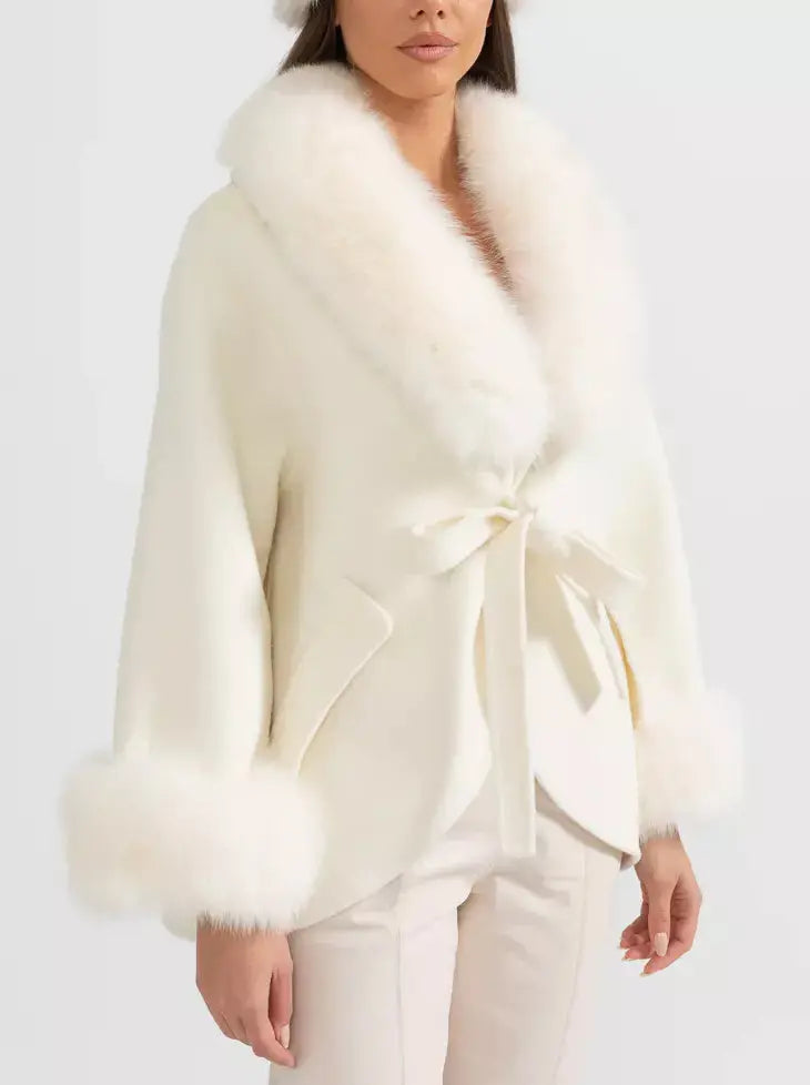 Double-Sided Wool Cashmere Jacket with Oversized Fur Collar - Jackets