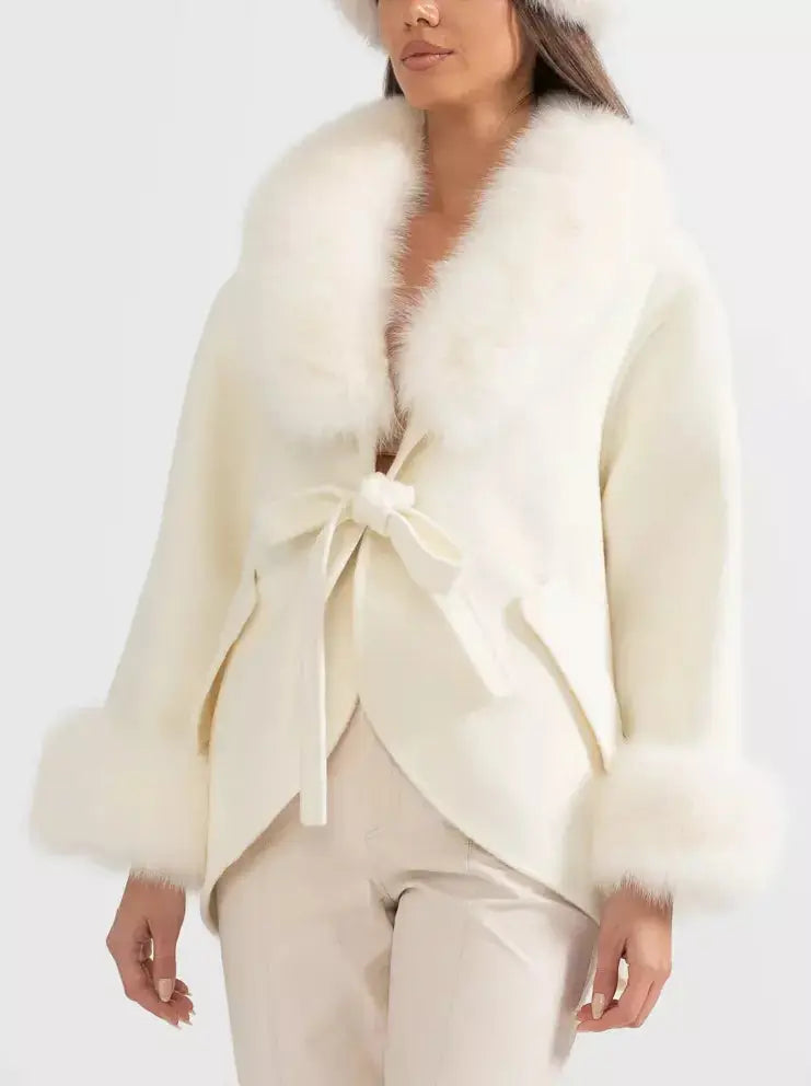 Double-Sided Wool Cashmere Jacket with Oversized Fur Collar - Jackets