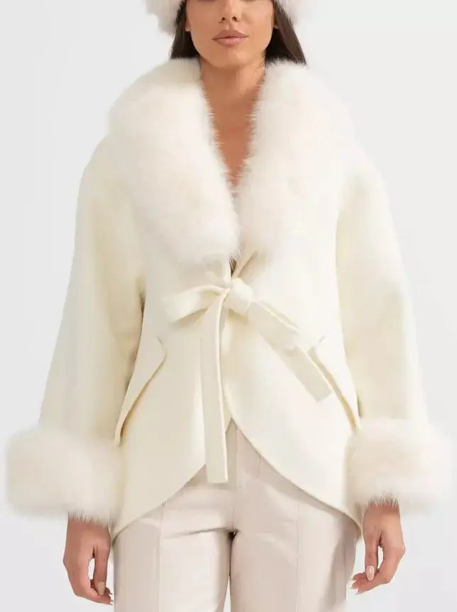 Double-Sided Wool Cashmere Jacket with Oversized Fur Collar - Jackets