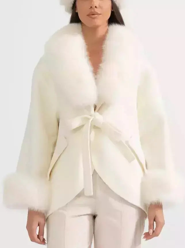 Double-Sided Wool Cashmere Jacket with Oversized Fur Collar - Jackets