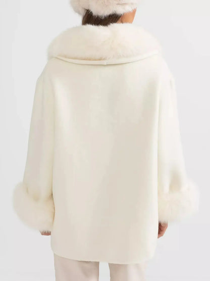 Double-Sided Wool Cashmere Jacket with Oversized Fur Collar - Jackets