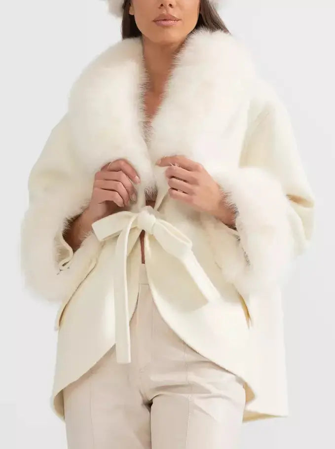 Double-Sided Wool Cashmere Jacket with Oversized Fur Collar - Jackets