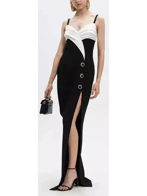 Draped Black and White Crepe Gown - Dresses