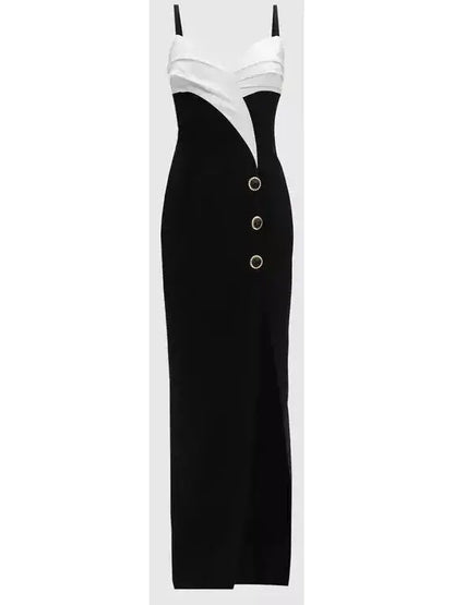 Draped Black and White Crepe Gown - Dresses