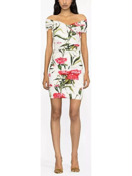 Draped Carnation-Print Poplin Dress - s - Dresses