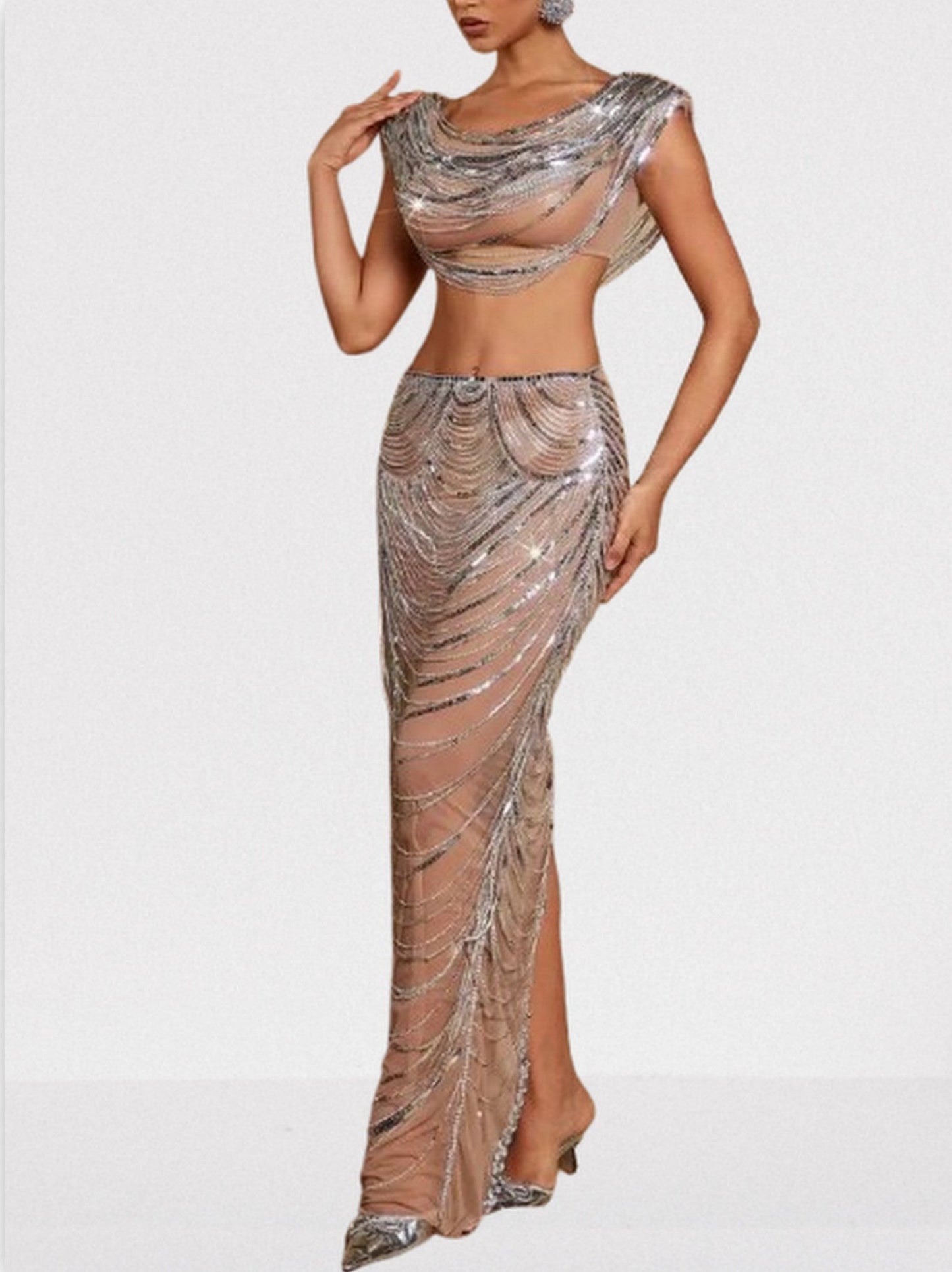 Draped Chain Cropped Top and Skirt Set - Suits & Sets