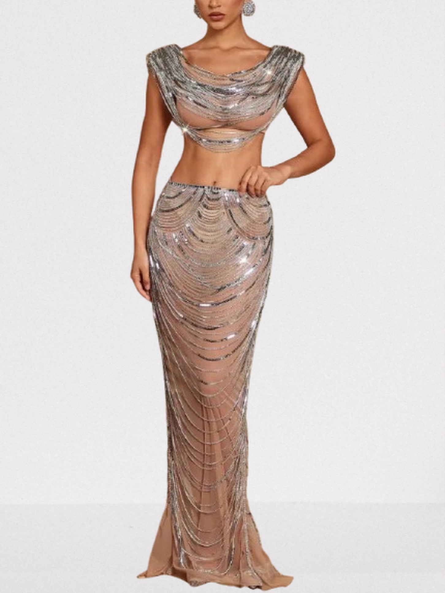 Draped Chain Cropped Top and Skirt Set - Suits & Sets