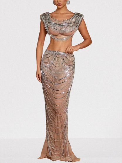 Draped Chain Cropped Top and Skirt Set - Suits & Sets