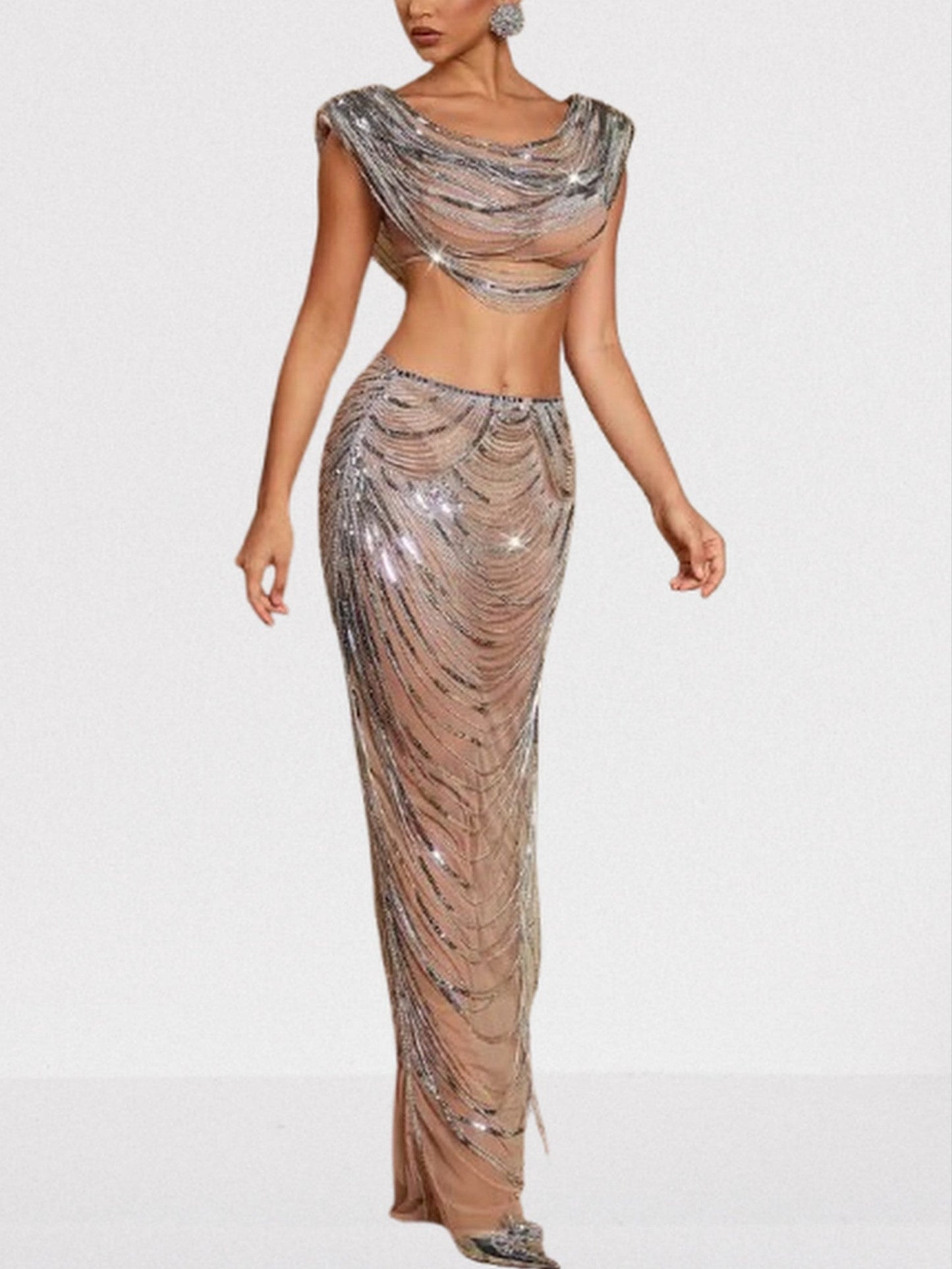 Draped Chain Cropped Top and Skirt Set - Suits & Sets