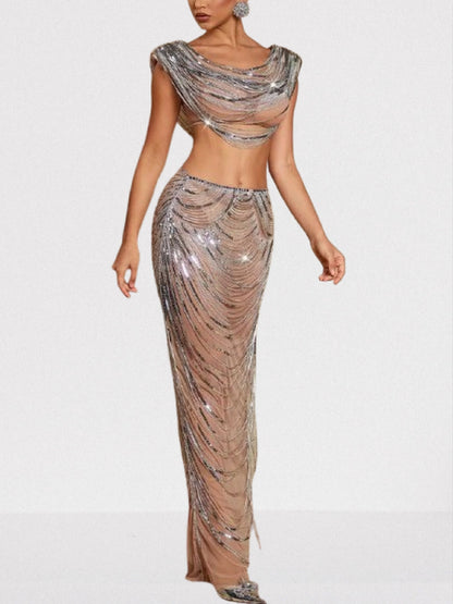 Draped Chain Cropped Top and Skirt Set - Suits & Sets