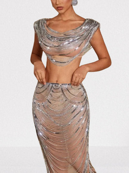 Draped Chain Cropped Top and Skirt Set - Suits & Sets