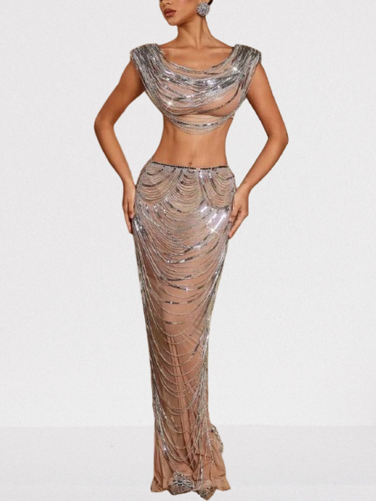 Draped Chain Cropped Top and Skirt Set - S - Suits & Sets